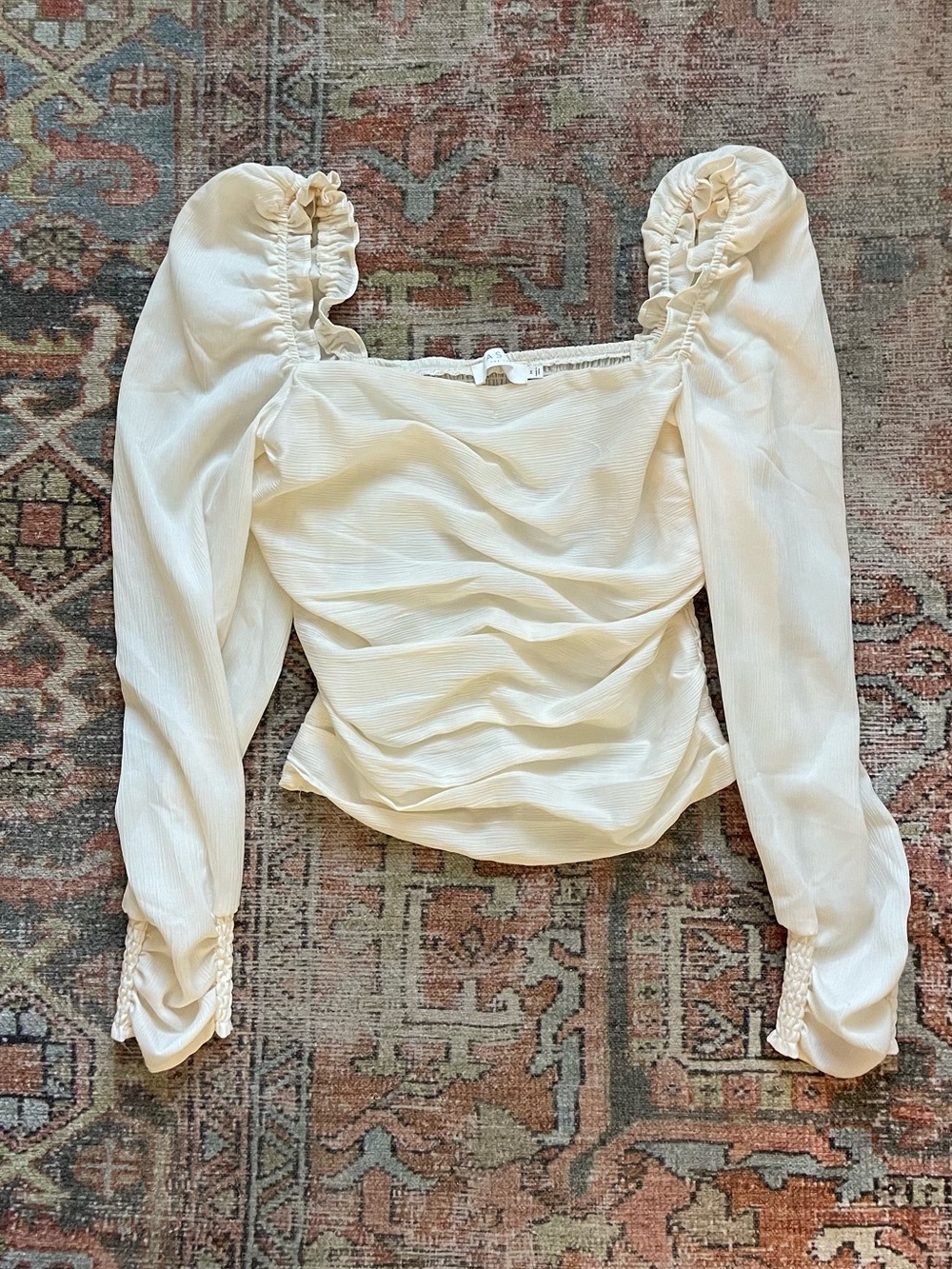 Astr Ivory Ruffled Long-Sleeve Square Neck Top